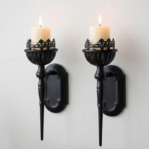 Wall Sconce Candle Holder Set of 2, Black Wall-Mounted Metal Candle Holders, Gothic Crown and Scepter Design Hanging Iron Candle Sconce Stand for Living Room Home Decoration in Saudi Arabia