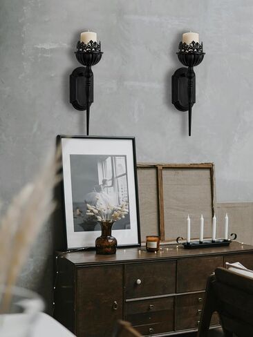 Wall Sconce Candle Holder Set of 2, Black Wall-Mounted Metal Candle Holders, Gothic Crown and Scepter Design Hanging Iron Candle Sconce Stand for Living Room Home Decoration in Saudi Arabia