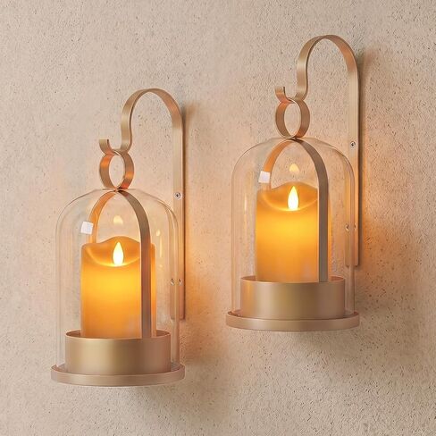Gold Glass Lanterns Wall Candle Sconces Set of Two, Vintage Metal Hurricane Wall Candle Holders Decorative, Hanging Lantern Rustic Farmhouse Decor for Home Bedroom, Hallway, Living Room in Saudi Arabia