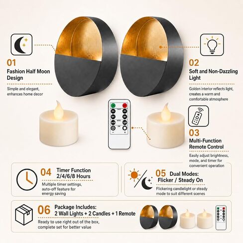 6.5-inch Eclipse Wall Sconces Wireless Battery Operated Candle Holders with LED Tea Lights, Set of 2, for Living Room, Bedroom, Bathroom, Dining Room & Hallway (Dark Bronze + Gold Leaf Interior) in Kuwait