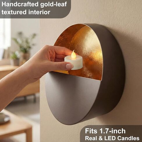 6.5-inch Eclipse Wall Sconces Wireless Battery Operated Candle Holders with LED Tea Lights, Set of 2, for Living Room, Bedroom, Bathroom, Dining Room & Hallway (Dark Bronze + Gold Leaf Interior) in Kuwait