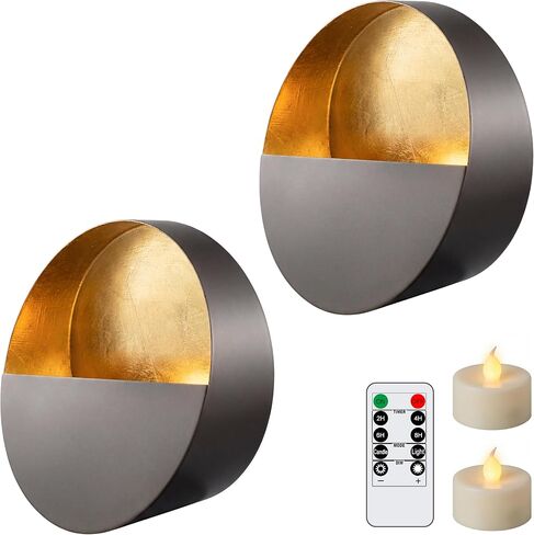 6.5-inch Eclipse Wall Sconces Wireless Battery Operated Candle Holders with LED Tea Lights, Set of 2, for Living Room, Bedroom, Bathroom, Dining Room & Hallway (Dark Bronze + Gold Leaf Interior) in Kuwait