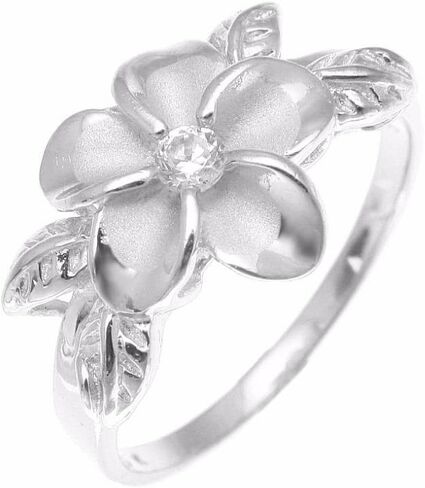 Arthur's Jewelry Sterling Silver 925 Hawaiian 12mm Plumeria Flower cz 4 Maile Leaf Ring Rhodium Plated Size 3-10 in Kuwait