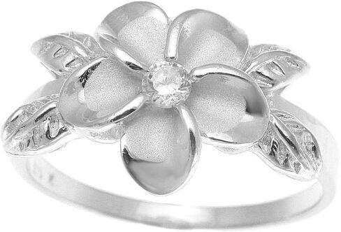 Arthur's Jewelry Sterling Silver 925 Hawaiian 12mm Plumeria Flower cz 4 Maile Leaf Ring Rhodium Plated Size 3-10 in Kuwait