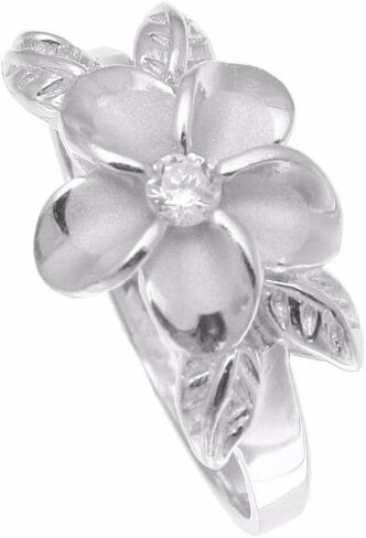 Arthur's Jewelry Sterling Silver 925 Hawaiian 12mm Plumeria Flower cz 4 Maile Leaf Ring Rhodium Plated Size 3-10 in Kuwait