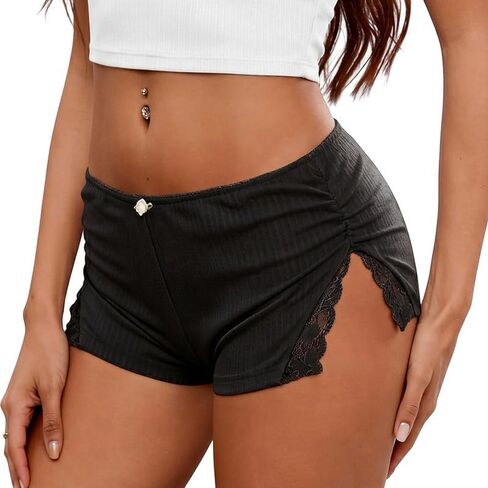 Marvmys Sexy Micro Pajama Shorts for Women Lace Side Slit Mini Shorts Low Rise Ruched Sleepwear Summer PJ Boxer Bottoms in Kuwait