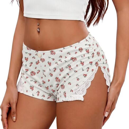 Marvmys Sexy Micro Pajama Shorts for Women Lace Side Slit Mini Shorts Low Rise Ruched Sleepwear Summer PJ Boxer Bottoms in Kuwait