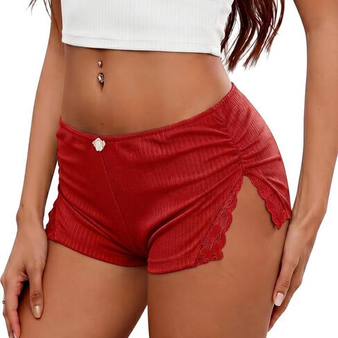 Marvmys Sexy Micro Pajama Shorts for Women Lace Side Slit Mini Shorts Low Rise Ruched Sleepwear Summer PJ Boxer Bottoms in Kuwait