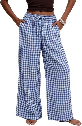 سراويل Flygo Gingham واسعة الساق للنساء 2026 صيفية غير رسمية منقوشة بالازو برباط خصر مرن بنطلون مع جيوب in Kuwait