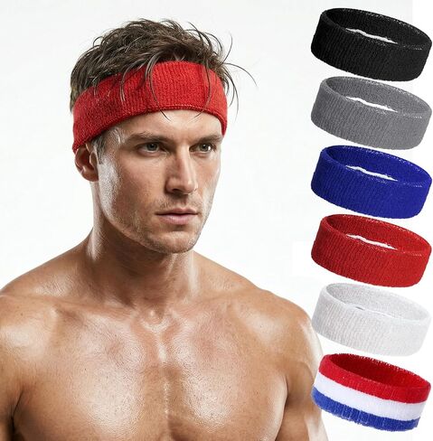 6 Pcs Sweatbands Sport Headband for Men & Women Terry Cloth Sweat Band Sweat Headband for Tennis, Basketball, Running, Gym, and Fitness Working Out in Kuwait