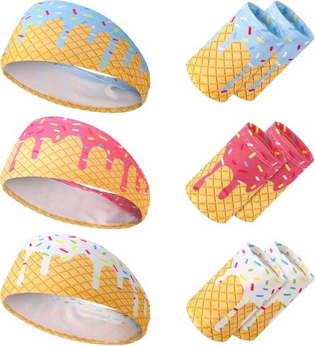 3 Set Ice Cream Baseball Headbands and Wristbands Sports Elastic Sweatbands for Youth Teen Women Men Athletes Football Basketball Running Gym Party Favors in Kuwait