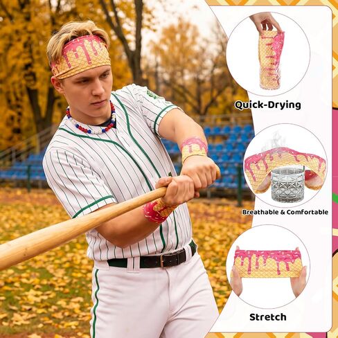 3 Set Ice Cream Baseball Headbands and Wristbands Sports Elastic Sweatbands for Youth Teen Women Men Athletes Football Basketball Running Gym Party Favors in Kuwait