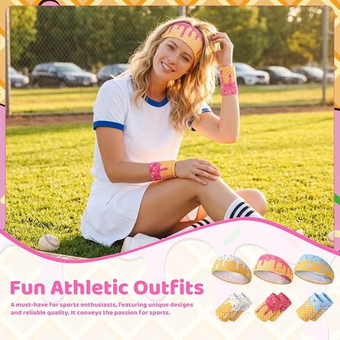 3 Set Ice Cream Baseball Headbands and Wristbands Sports Elastic Sweatbands for Youth Teen Women Men Athletes Football Basketball Running Gym Party Favors in Kuwait
