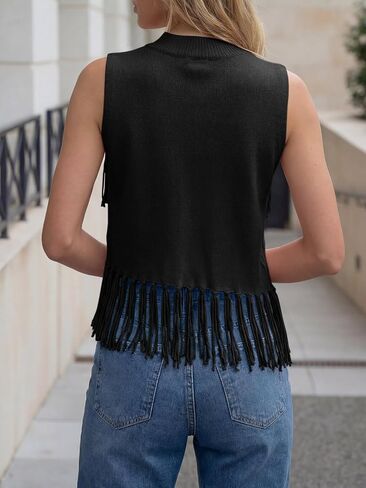 Tankaneo Womens Fringe Knit Tank Tops Summer Trendy Casual High Neck Sleeveless Shirts Boho Loose Fit Sweater Vest in Saudi Arabia