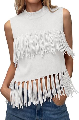 Tankaneo Womens Fringe Knit Tank Tops Summer Trendy Casual High Neck Sleeveless Shirts Boho Loose Fit Sweater Vest in Saudi Arabia