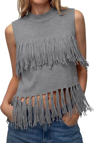 Tankaneo Womens Fringe Knit Tank Tops Summer Trendy Casual High Neck Sleeveless Shirts Boho Loose Fit Sweater Vest in Saudi Arabia
