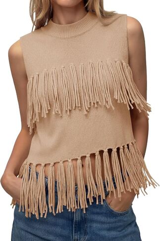Tankaneo Womens Fringe Knit Tank Tops Summer Trendy Casual High Neck Sleeveless Shirts Boho Loose Fit Sweater Vest in Saudi Arabia