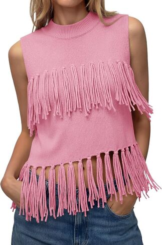 Tankaneo Womens Fringe Knit Tank Tops Summer Trendy Casual High Neck Sleeveless Shirts Boho Loose Fit Sweater Vest in Saudi Arabia