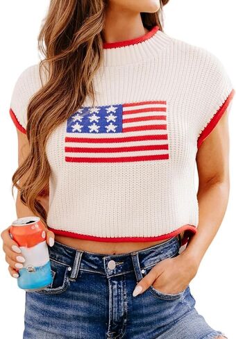 Aonoapll المرأة الأمريكية العلم كاب كم سترة عادية Crewneck العلم محبوك سترة بلا أكمام 4th من يوليو الزي الوطني in Kuwait