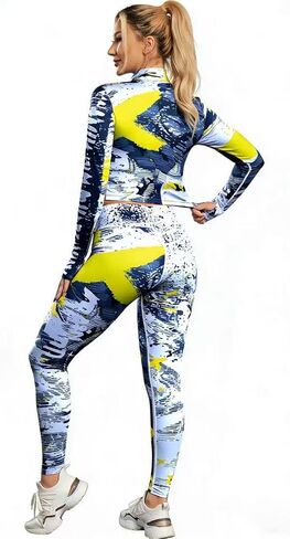 Women's 2 Piece Workout Set, Long Sleeve Zip Up Crop Top and Flare Leggings, Hip Lifting Yoga Activewear in Saudi Arabia