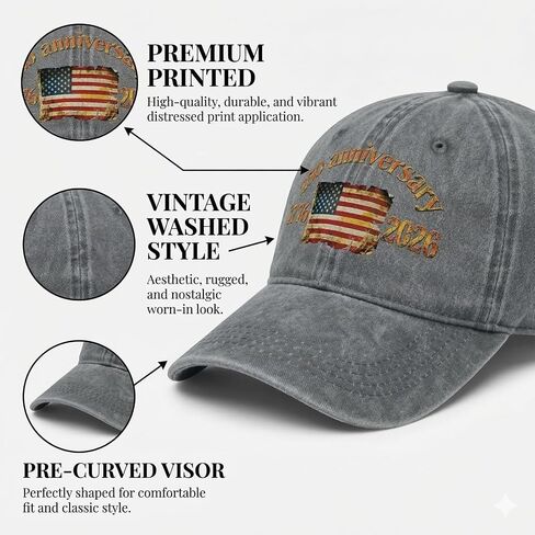 250 Anniversary USA Hat - 250 Years American 1776-2026 Commemorative Retro Washed Patriotic Baseball Cap, Adjustable Vintage Cotton Hats Grey in Kuwait