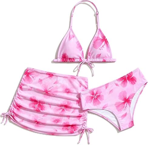 Girl's 3 Piece Swimsuits Cute Print High Waisted Bikini Bathing Suit with Mesh Coverups Skirt 7-14 Years in Saudi Arabia