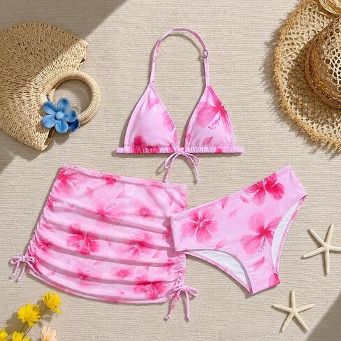 Girl's 3 Piece Swimsuits Cute Print High Waisted Bikini Bathing Suit with Mesh Coverups Skirt 7-14 Years in Kuwait