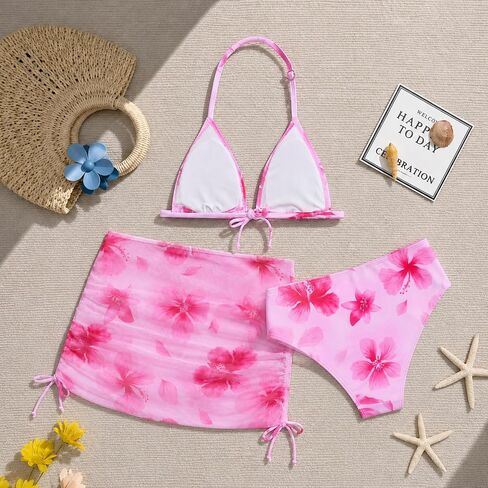 Girl's 3 Piece Swimsuits Cute Print High Waisted Bikini Bathing Suit with Mesh Coverups Skirt 7-14 Years in Kuwait