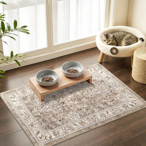 LOKHOM Washable Area Rug, 4x6 Non-Slip Kitchen Area Mat Vintage Living Room Rug with Rubber Backing, Boho Floral Faux Wool Farmhouse Bedroom Area Carpet for Bedroom Kitchen Laundry (Beige Brown) in Saudi Arabia