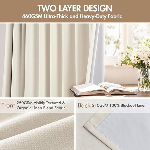 MIULEE Pinch Pleated 100% Blackout Curtains 90 Inch Long 4 Panel Set for Bedroom Thick Linen Memory Trained Pleat Living Room Darkening Back Tab Double Layer Thermal Insulated Drapes, Birch in Kuwait