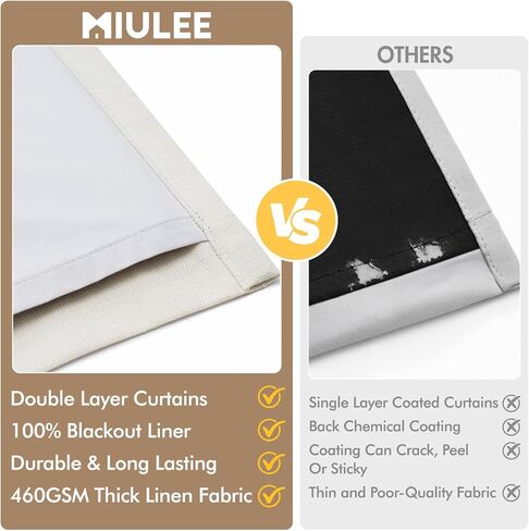 MIULEE Pinch Pleated 100% Blackout Curtains 90 Inch Long 4 Panel Set for Bedroom Thick Linen Memory Trained Pleat Living Room Darkening Back Tab Double Layer Thermal Insulated Drapes, Birch in Kuwait
