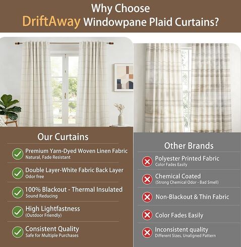 DriftAway 100% Blackout Windowpane Plaid Linen Curtains Double Layer Farmhouse Drapes 84 Inches Long for Living Room Bedroom Yarn Dyed Woven Thermal Insulated Rod Pocket Back Tab 2 Panels Taupe in Kuwait