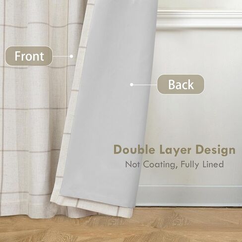 DriftAway 100% Blackout Windowpane Plaid Linen Curtains Double Layer Farmhouse Drapes 84 Inches Long for Living Room Bedroom Yarn Dyed Woven Thermal Insulated Rod Pocket Back Tab 2 Panels Taupe in Kuwait
