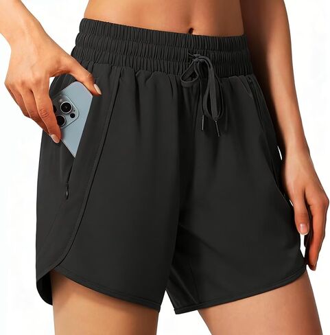 Women's 5 Inch Running Shorts with Zipper Pockets Quick Dry Workout Drawstring Elastic High Waist Shorts Athletic Gym in Saudi Arabia