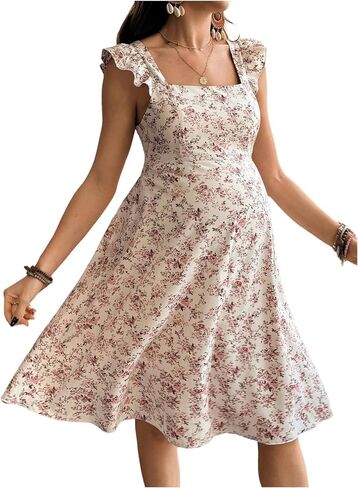 OYOANGLE Women's Maternity Dress Boho Floral A Line Dress Ruffle Strap Tie Back Knee Length Beach Sundress in Kuwait