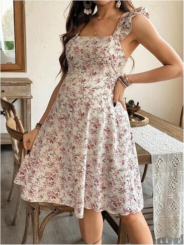 OYOANGLE Women's Maternity Dress Boho Floral A Line Dress Ruffle Strap Tie Back Knee Length Beach Sundress in Kuwait
