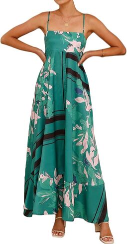 Women Summer Beach Boho Spaghetti Strap Smocked Floral Maxi Dress Casual Loose Flowy A Line Print Long Dress in Saudi Arabia