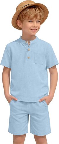 Halfchet Boys' 2 Pieces Linen Set Henley Short Sleeve Button Down Shirt and Shorts Summer Beach Vacation Outfits with Pocket in Kuwait