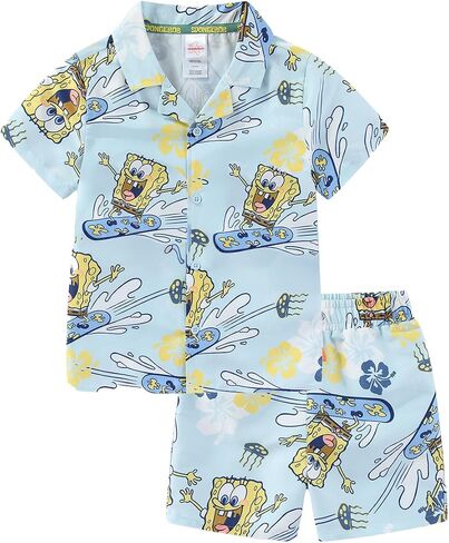 SPONGEBOB SQUAREPANTS Boys Beach Button Down Shirt and Swim Shorts UPF 50+ Resort Outfit Swim-Fabric Set for Big Kids in Kuwait