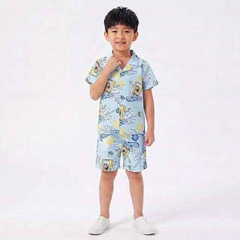SPONGEBOB SQUAREPANTS Boys Beach Button Down Shirt and Swim Shorts UPF 50+ Resort Outfit Swim-Fabric Set for Big Kids in Kuwait