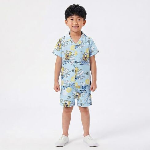 SPONGEBOB SQUAREPANTS Boys Beach Button Down Shirt and Swim Shorts UPF 50+ Resort Outfit Swim-Fabric Set for Big Kids in Kuwait