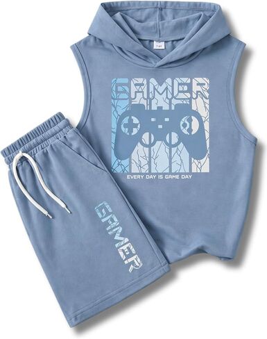 KIDLAGA Tween Boys Summer Clothes 2 Piece Short Sleeve Graphic Sleeveless Hooded Shirt and Shorts Outfit for 7-14 Years in Saudi Arabia