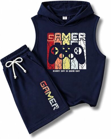 KIDLAGA Tween Boys Summer Clothes 2 Piece Short Sleeve Graphic Sleeveless Hooded Shirt and Shorts Outfit for 7-14 Years in Saudi Arabia