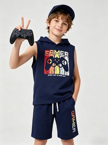 KIDLAGA Tween Boys Summer Clothes 2 Piece Short Sleeve Graphic Sleeveless Hooded Shirt and Shorts Outfit for 7-14 Years in Saudi Arabia