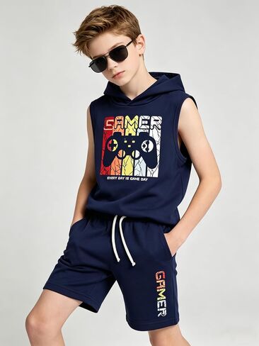KIDLAGA Tween Boys Summer Clothes 2 Piece Short Sleeve Graphic Sleeveless Hooded Shirt and Shorts Outfit for 7-14 Years in Saudi Arabia