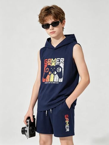 KIDLAGA Tween Boys Summer Clothes 2 Piece Short Sleeve Graphic Sleeveless Hooded Shirt and Shorts Outfit for 7-14 Years in Saudi Arabia