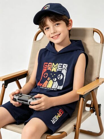 KIDLAGA Tween Boys Summer Clothes 2 Piece Short Sleeve Graphic Sleeveless Hooded Shirt and Shorts Outfit for 7-14 Years in Saudi Arabia