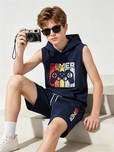 KIDLAGA Tween Boys Summer Clothes 2 Piece Short Sleeve Graphic Sleeveless Hooded Shirt and Shorts Outfit for 7-14 Years in Saudi Arabia