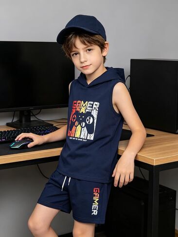 KIDLAGA Tween Boys Summer Clothes 2 Piece Short Sleeve Graphic Sleeveless Hooded Shirt and Shorts Outfit for 7-14 Years in Saudi Arabia