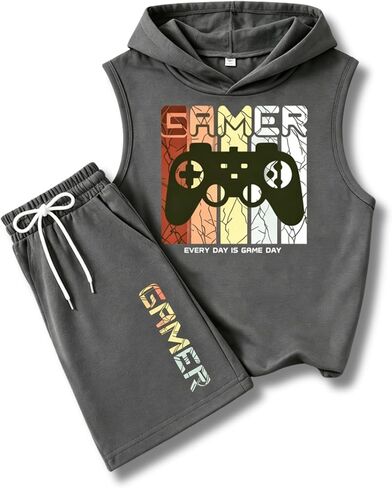 KIDLAGA Tween Boys Summer Clothes 2 Piece Short Sleeve Graphic Sleeveless Hooded Shirt and Shorts Outfit for 7-14 Years in Saudi Arabia